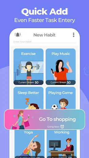 Quick Add for fast task entry with habit cards: Exercise, Music, Sleep Better, Gaming, Yoga, and Shopping options