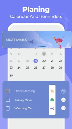 Planning calendar and reminder screen displaying scheduled tasks like Office Meeting, Family Dinner, Washing Car