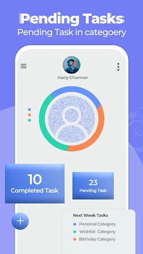 Pending Tasks dashboard showing task statistics with 10 completed and 23 pending tasks organized by category