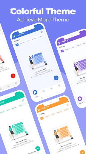 Colorful theme customization options showcasing blue, purple, teal, and orange app interface color schemes