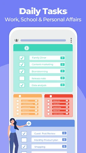 Daily Tasks view organizing work, school, and personal tasks in color-coded categories with checked status