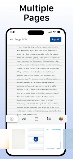 Multi-page document conversion interface showing page navigation and export options for handwriting