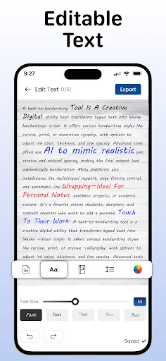 Text editing interface with font customization and formatting tools before handwriting conversion