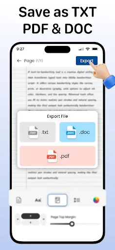 Export handwritten notes dialog showing file format options: TXT, DOC, and PDF file types