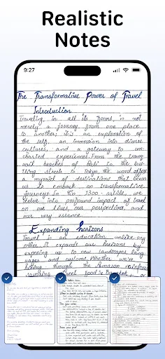 Realistic handwritten notes output with multiple page variations of converted handwriting styles