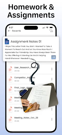 Recents section displaying saved assignment notes with handwritten homework conversions in app library