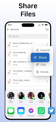 File sharing interface with list of documents and social media sharing options for exported files
