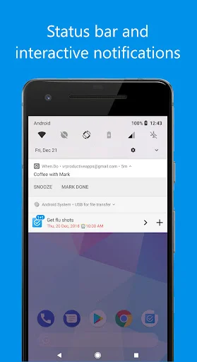 When.Do interactive notification for Coffee with Mark task showing quick SNOOZE and MARK DONE action buttons