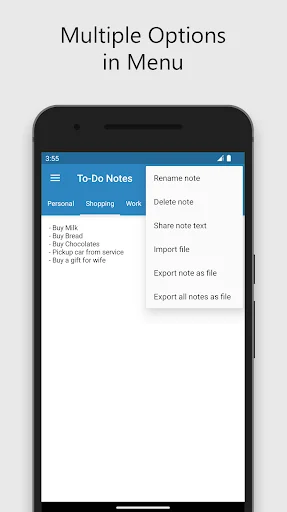 To-Do Notes menu with options to rename, delete, share, import and export notes easily