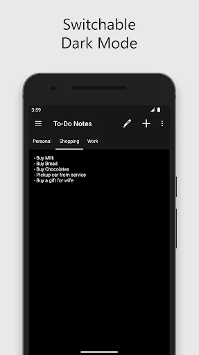 To-Do Notes dark mode interface showing task list with dark theme navigation tabs