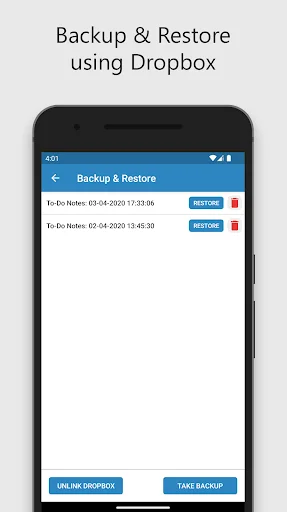 To-Do Notes Dropbox backup and restore screen for automatic note synchronization