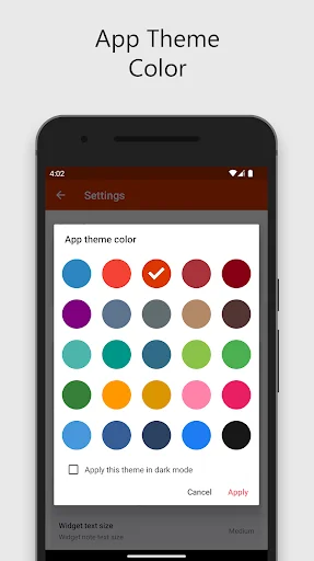 To-Do Notes app theme color picker with multiple customizable colors and dark mode option