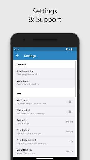 To-Do Notes settings menu with customization for app theme, text style and widget options