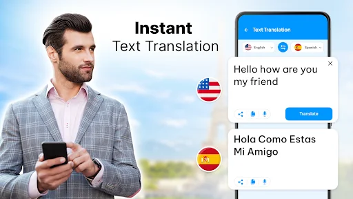 Instant text translation from English to Spanish with real-time translation button and language flags