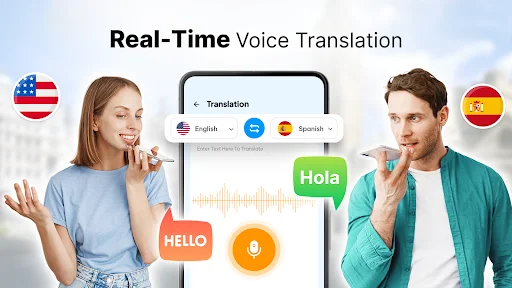 Real-time voice translation converting English speech to Spanish with microphone button and waveform