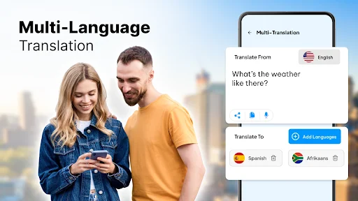 Multi-language translation interface allowing text translation to Spanish, Afrikaans, and more