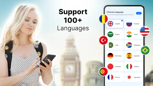 Language translator app with 100+ language support shown in selection menu with flag icons