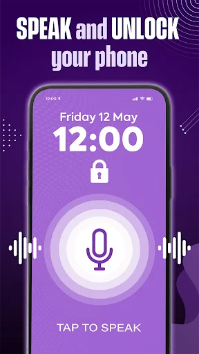 Voice Screen Lock interface with microphone icon, purple lock screen displaying time, and 'tap to speak' button for voice-activated phone security