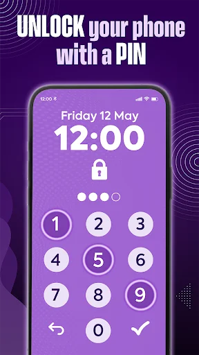 PIN Screen Lock interface with numeric keypad showing buttons 0-9, entry dots, and confirm option for passcode-based phone security protection