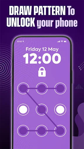 Pattern Screen Lock interface displaying 3x3 dot grid with diagonal purple line showing gesture-based unlock method for phone security