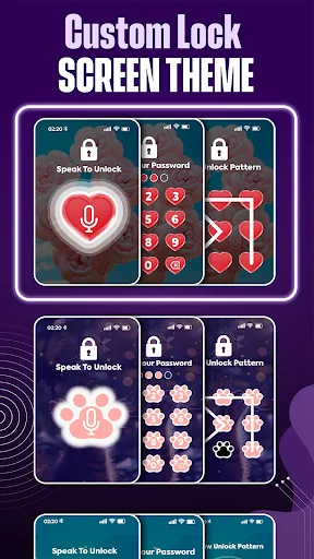 Custom Lock Screen Theme options displaying different unlock methods: voice, PIN, and pattern, with various decorative theme designs for phone personalization