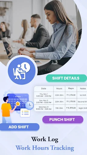 Work Log app home screen with shift details panel, hours logged, wages, Add Shift and Punch Shift buttons for tracking
