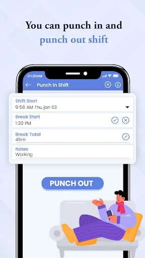 Work Log Punch in Shift screen with current shift start time, break duration, and Punch Out button for clocking out