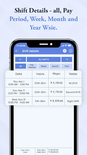 Work Log Shift Details screen with period filter tabs showing shift history, hours, wages by day, week, month, and year