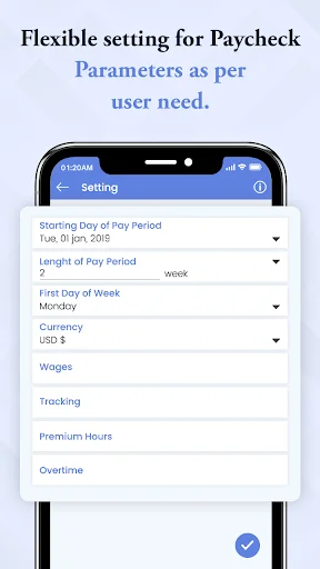 Work Log Settings screen for configuring payroll period, currency, wages, tracking, premium hours, and overtime parameters