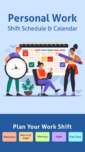 App introduction screen: Personal Work Shift Calendar with shift type selector buttons for planning