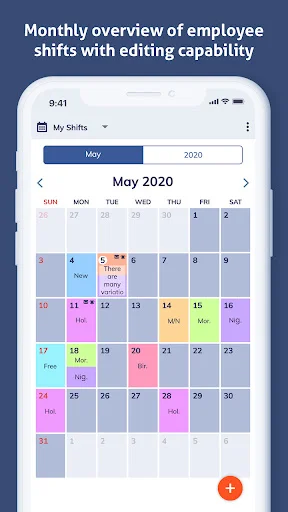 Monthly shift calendar view with color-coded shifts and editing capability for May 2020
