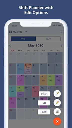 Shift planner calendar with quick action buttons for editing and managing shift details