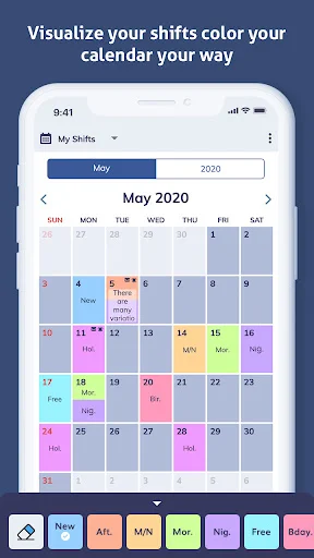 Color-coded shift calendar view with customizable legend for different shift types