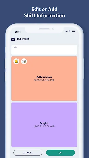 Shift details editor showing multiple daily shifts with time entries and notes for 05/05/2020