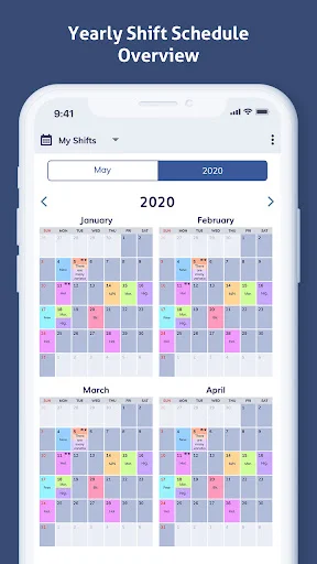 Annual shift schedule view displaying full year of 2020 with color-coded shifts by month